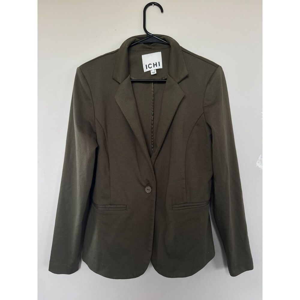 ICHI Kate Olive Green Stretchy Knit Single-Button Blazer - Size Large